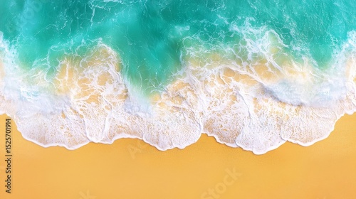Aerial view of beautiful turquoise ocean waves breaking on a golden sandy beach creating vibrant white foam and intricate water patterns.