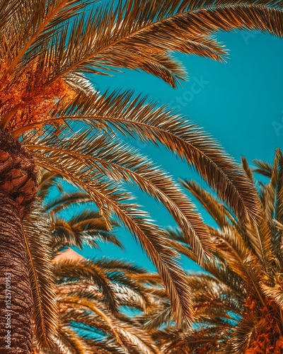 Lush golden palm leaves reach towards a brilliant blue sky, bathed in bright warm sunlight, creating a tropical paradise atmosphere.