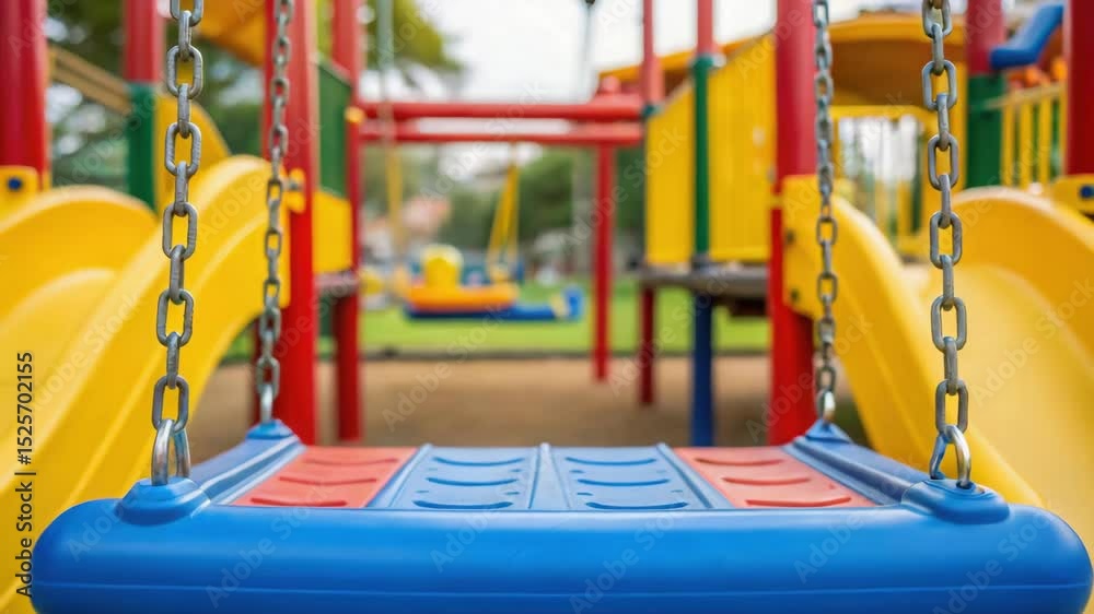 Close up of blue and red swing in playground with yellow slide and play structure in outdoor park for children recreation and fun chain play activities