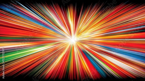 A vibrant burst of dynamic radiating light trails illuminates the dark background with brilliant energetic colorful streaks flowing outward rapidly.