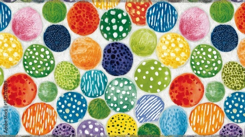 This artistic close-up shows a vibrant abstract background pattern featuring many colorful textured oval shapes with various unique painted designs.