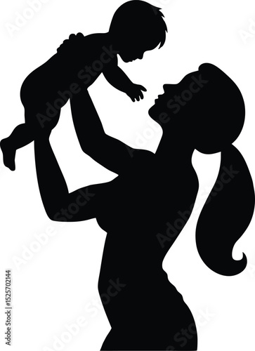 Mother and Child Silhouette, Loving Mom Lifting Baby Vector Illustration