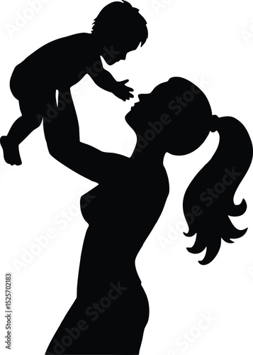 Mother Holding Baby Silhouette, Black and White Mom and Child Vector Illustration