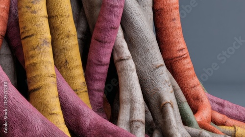 A detailed macro shot capturing the intricate textures of vibrant organic structures intertwined together creating an artistic abstract composition.