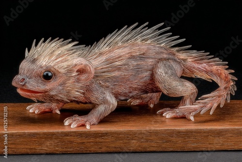 An exquisite detailed studio close-up photograph showcases an intricate glass sculpture of a small spiky creature positioned on a wooden surface.