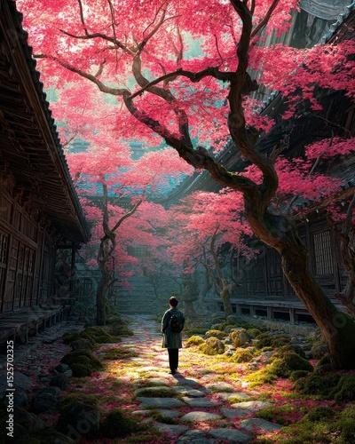 A lone traveler walks a mossy stone path through a serene traditional courtyard filled with vibrant pink leaf trees.