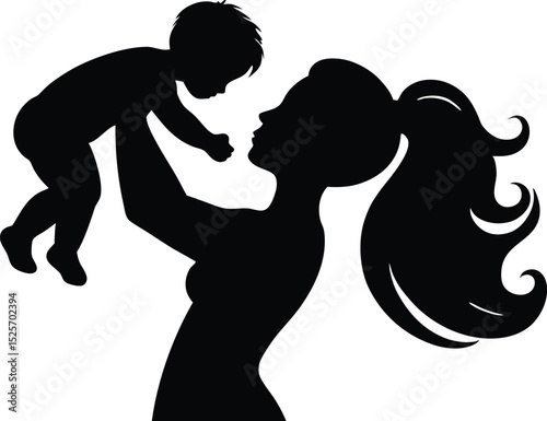 Mother Holding Baby Silhouette Vector, Loving Mom and Child Black and White Illustration