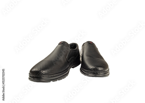 formal black shoes close up on white background, men's fashion shoes close up