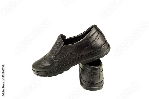 formal black shoes close up on white background, men's fashion shoes close up