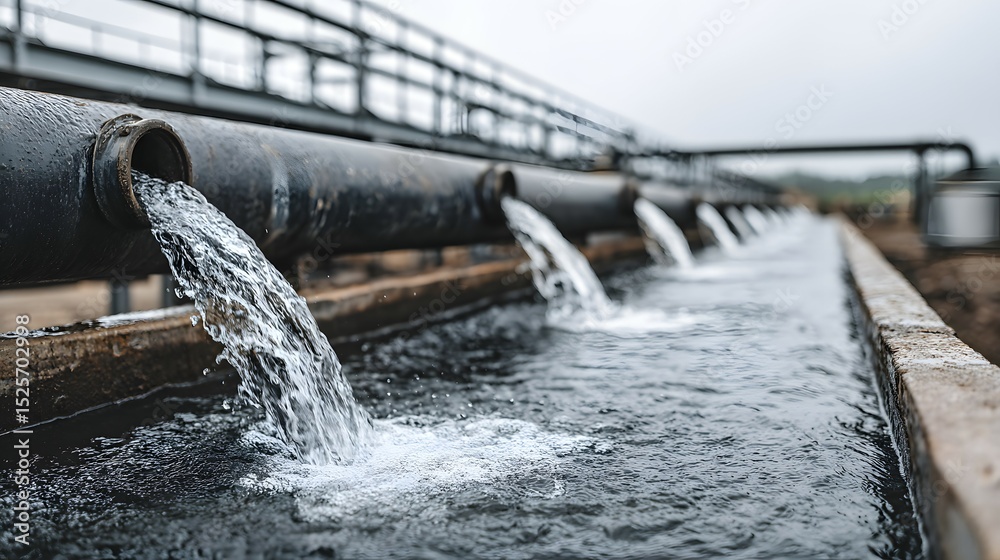 Fototapeta premium Water flowing from pipes into a concrete channel outdoors on an overcast day.