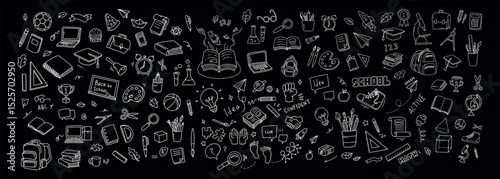 Back to school and education doodle elements. Vector illustration in line with black background