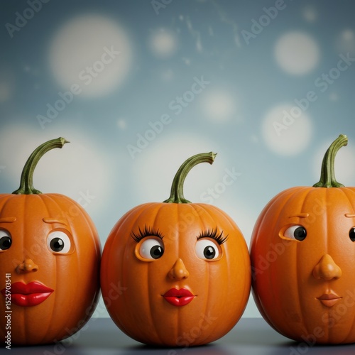 Three Cute Cartoon Pumpkins with Expressive Faces Against a Soft Blue Background