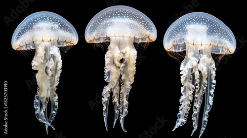 Three delicate translucent spotted jellyfish gracefully float in the dark water, showcasing their fascinating bioluminescent appearance.