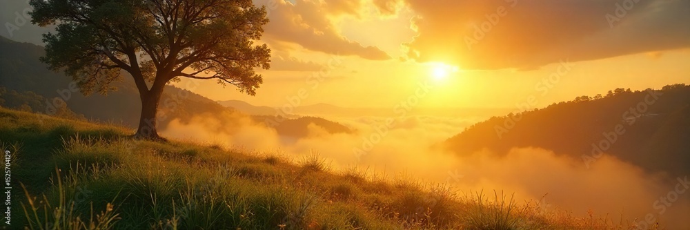 Fototapeta premium A serene landscape bathed in golden sunlight, evoking feelings of peace, hope, and spiritual connection Perfect for themes of faith, reflection, and inner peace , worship, grass