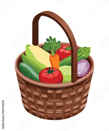 Fresh Vegetable Produce Collection on Wicker Basket - Vector Illustration