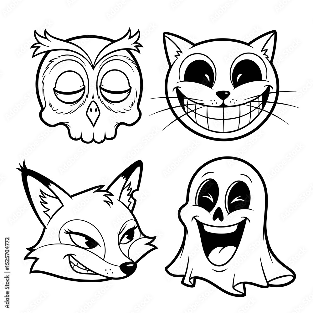 Fototapeta premium Black And White Cartoon Animal Halloween Illustrations