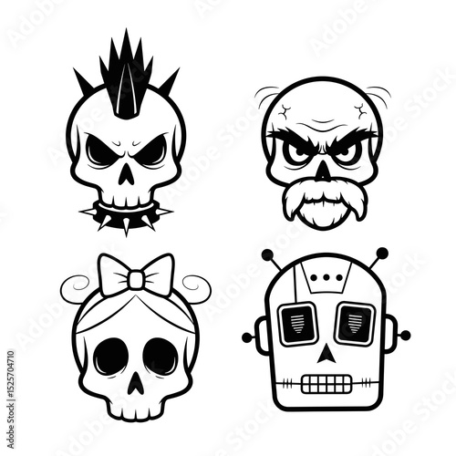 Collection of Four Black and White Cartoon Skulls Punk, Old Man, Girl, and Robot