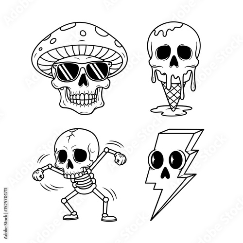 Cartoon Skulls Illustration Set Line Art Designs of Dancing Skeleton, Ice Cream Skull, Mushroom Skull, and Lightning Skull