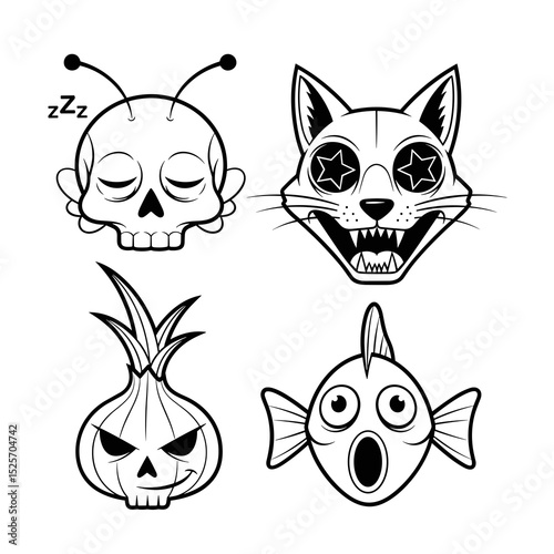 Four Monochrome Cartoon Characters Skull, Cat, Onion, and Fish