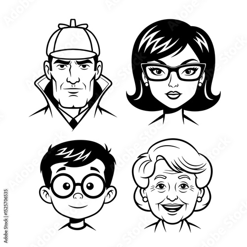 Four Black and White Character Portraits Detective, Woman, Boy, Grandmother