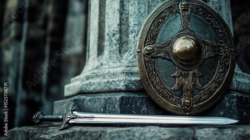 Sword and shield resting against a stone pillar in an ancient looking outdoor environment setting
