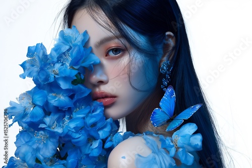 Personification of a blue flower. Butterfly and flower. Model of a flower. Beautiful colors. Beautiful model. Studio photoshoot with flowers. AI generated.