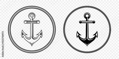 Black and White Anchor Icon Set. Flat Vector Monochrome Anchor Shapes in Circular Rope Frame. Nautical Anchor Symbols, Marine Rope Border Design. Vector Illustration