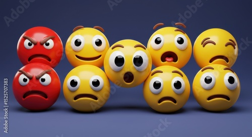 3D Render of Emojis Displaying a Range of Emotions: Anger, Happiness, Surprise, Sadness, and Disappointment photo
