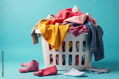 A overflowing laundry basket, filled with wrinkled clothes and scattered socks, hinting at a busy lifestyle and a need for laundry day , laundry, socks