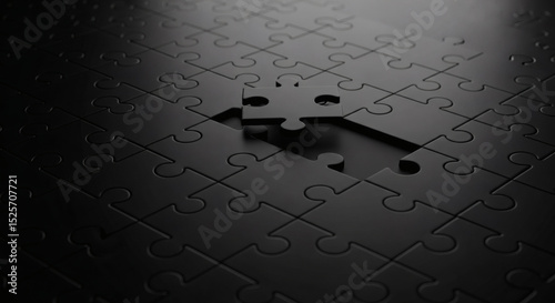 A single puzzle piece hovers above its space in a dark completed puzzle on a dark reflective surface