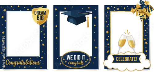Set of Graduation party photo booth props. Frames with congratulations lettering text. Photobooth vector element. Concept for selfie. Congrats grad quote. Gold and black decoration for celebration