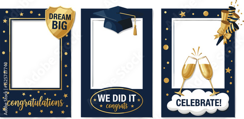 Set of Graduation party photo booth props. Frames with congratulations lettering text. Photobooth vector element. Concept for selfie. Congrats grad quote. Gold and black decoration for celebration