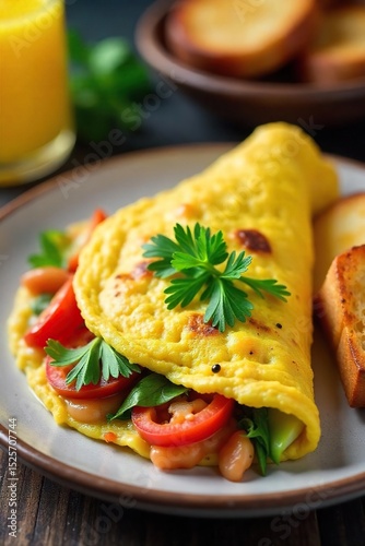 A fluffy, golden omelet brimming with fresh vegetables and herbs, served with a side of crispy breakfast potatoes and toast Perfect for a healthy and delicious start to the day , fork, diner