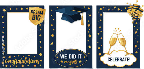 Set of Graduation party photo booth props. Frames with congratulations lettering text. Photobooth vector element. Concept for selfie. Congrats grad quote. Gold and black decoration for celebration