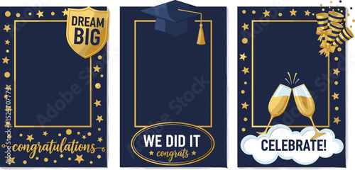 Set of Graduation party photo booth props. Frames with congratulations lettering text. Photobooth vector element. Concept for selfie. Congrats grad quote. Gold and black decoration for celebration