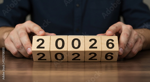 Hands holding wooden blocks displaying the years 2002, 2022, and 2026