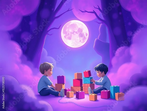 Kids Play Blocks Moonlight Forest.