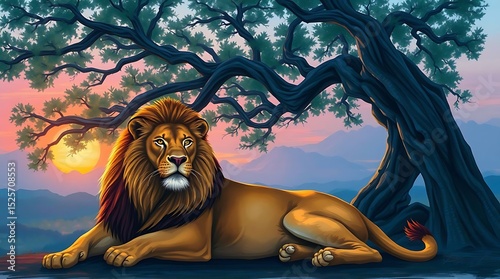 Lion Resting with Sunset, and Tree.