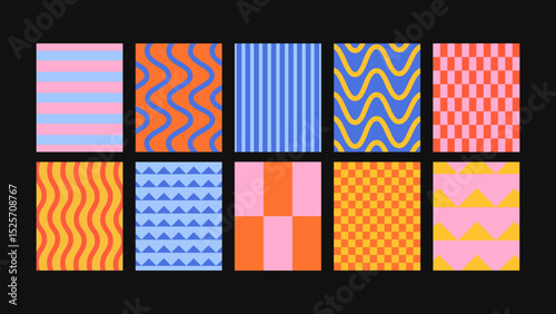 Vector illustration of vertical abstract backgrounds and decorative layouts — Y2K groovy minimal style templates with copy space for social media stories and creative text content.
