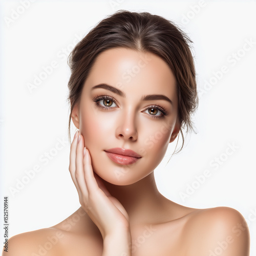 Closeup portrait of young woman with flawless skin and natural beauty

