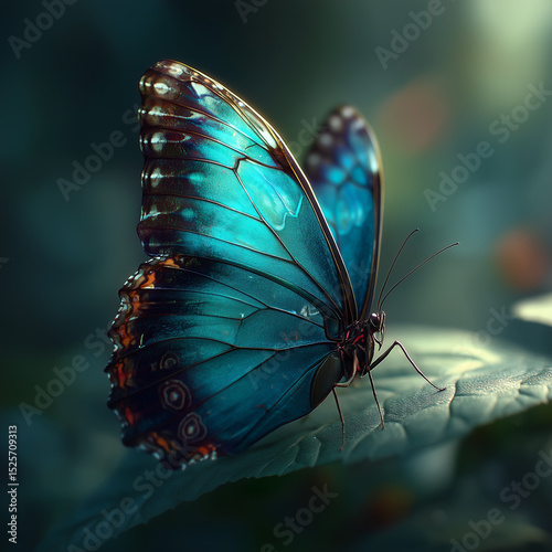 Vivid blue butterfly resting on leaf in dreamy forest light environment
