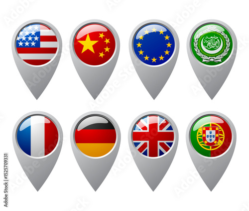Collection of map pin icons featuring flags of: United States,China, European Union, Arab League, France, Germany, United Kingdom, Portugal Free Download Collection of map pin icons featuring flags of: United States,China, European Union, Arab League, France, Germany, United Kingdom, Portugal - GFXLoad