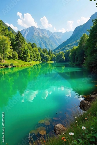 Serene landscape featuring a vibrant green lake reflecting lush vegetation and a clear sky Perfect for nature, travel, and environmental themes , outdoor, picturesque