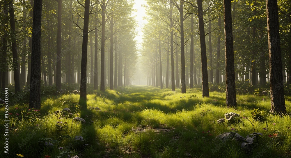 Obraz premium Golden sunlight streams through tall trees illuminating a tranquil forest path. AI Generated