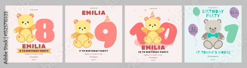 Invitation childrens birthday party cute bear and number set. Celebration First birthday. Greeting card template for children. Vector illustration.