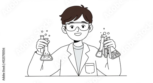 Smiling scientist proudly displays bubbling beakers clean line art style. AI Generated