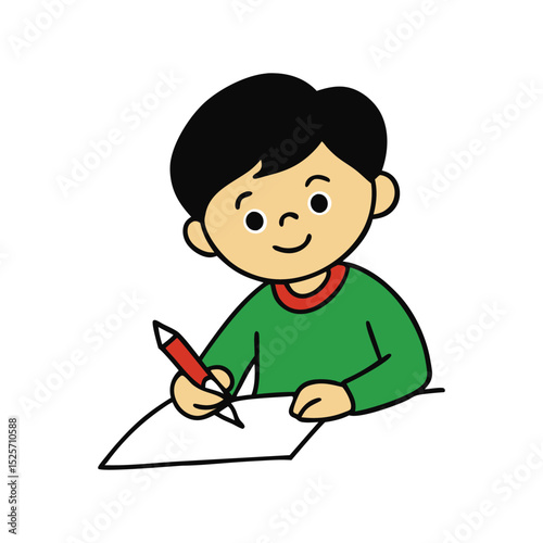 A boy drawing with crayons creative art activity cartoon character vector illustration.