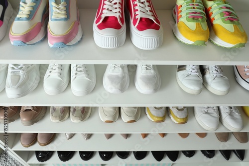 Schilderij op canvas Different footwear on shelves indoors, closeup. Shoe storage