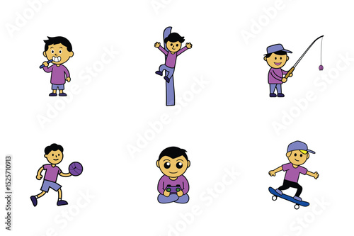 Cartoon set of a cute boy performing everyday playful actions vector illustration.