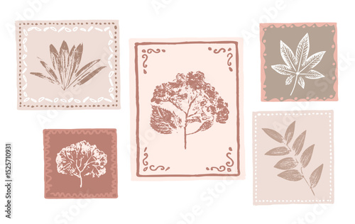 Set of hand drawn flower stamps botanical prints on various color swatches. Plant and flower art for card design or invitation.